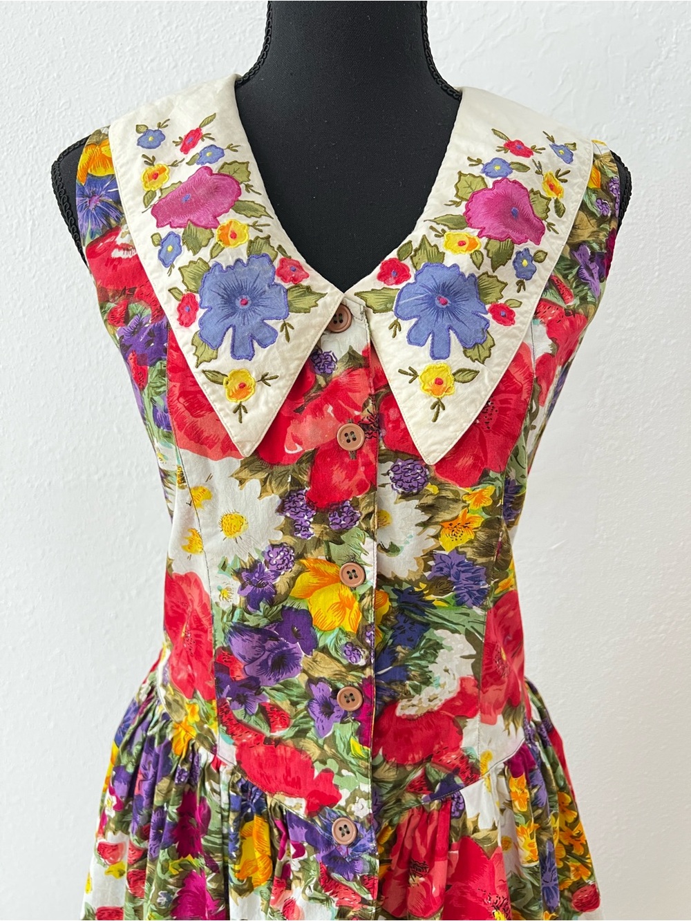 Vintage 80s 90s Whimsical Floral Sleeveless Dress Peterpan Collar Retro Large - Picture 3 of 5